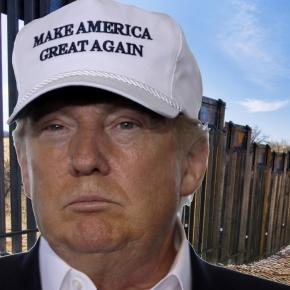 Montagem satírica de Trump com uma enorme cerca representando a possível muralha