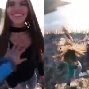 Jovem empurra namorada de penhasco e cena choca internautas.