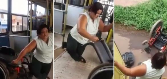 Sem ajuda, mulher joga a cadeira de rodas